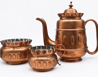 Vintage Copper Coffee Tea Set: Embossed Oval Pattern, Scalloped Rim, European Copperware