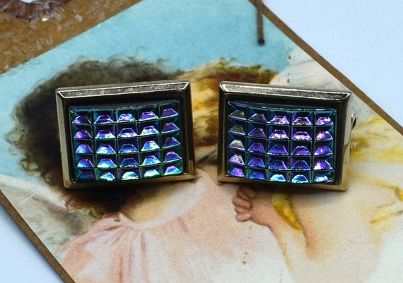 Judy lee iridescent blue green clip glass earrings - image 2