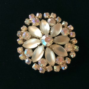 Vintage White Camphor Frosted Glass Brooch, White glass with Aurora Borealis Rhinestones Silver backed