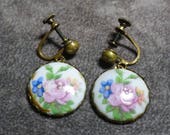 Antique Beautiful 1920 39 s Limoge France hand-painted porcelain rose drop earrings, screw back, brass setting