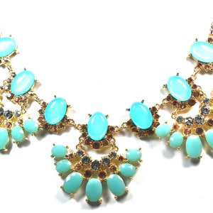 Designer NEW YORK Signed Big Bib Necklace, Pink Champagne and Clear Rhinestones, Sky blue and pale Green cabochons