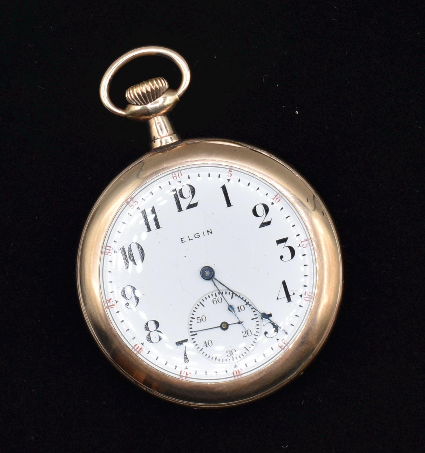 Antique 1915 14kg Filled Elgin Pocket Watch Etched Gold Case