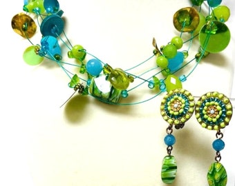 Vintage blue and green/glass beaded multi strand necklace and Earrings Green Millefiori Lampwork Glass