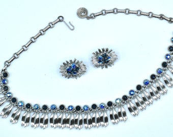 Listener Blue AB rhinestone fringe necklace and pierced earrings