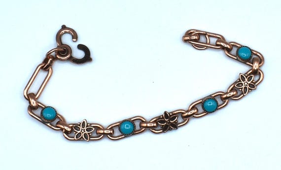 Signed Solid Copper Turquoise link bracelet - image 3