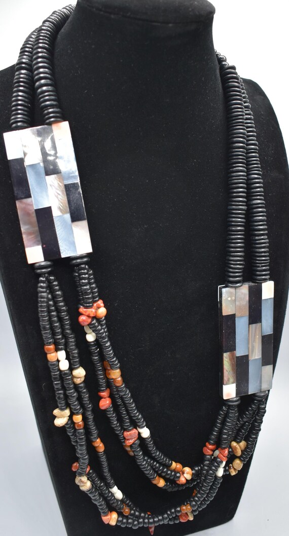 Statement necklace with various shell, black Puka… - image 3