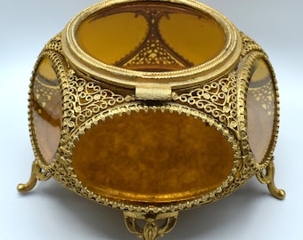 Victorian Vintage Ornate Filigree Gold French Ormolu Footed Casket Jewelry Box large