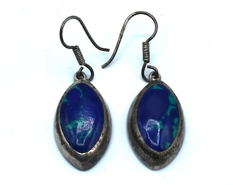 Vintage Sterling Azurite malachite Earrings, Semiprecious Stone, Marked 925 Plata Mexico, Blue Green Stone, Southwestern Earrings