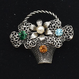 Antique Basket of Flowers Brooch pearl and Rhinestone Flowers Brooch, Spring Basket of Rhinestone Flowers, pressed metal