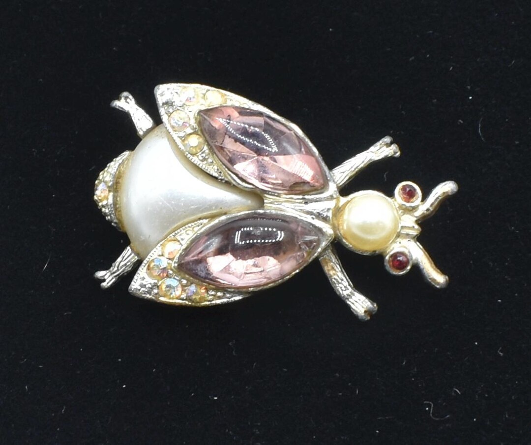 1930s Art Deco Faux Pearl & Rhinestone Flying Insect Brooch 1 1/2” X 7/ ...