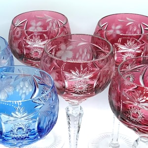 Antika By Nachtmann Ruby Cut to Clear Wine Goblet (1) glass left, Barware crystal colored 24% lead Crystal Glassware Sunburst Pattern