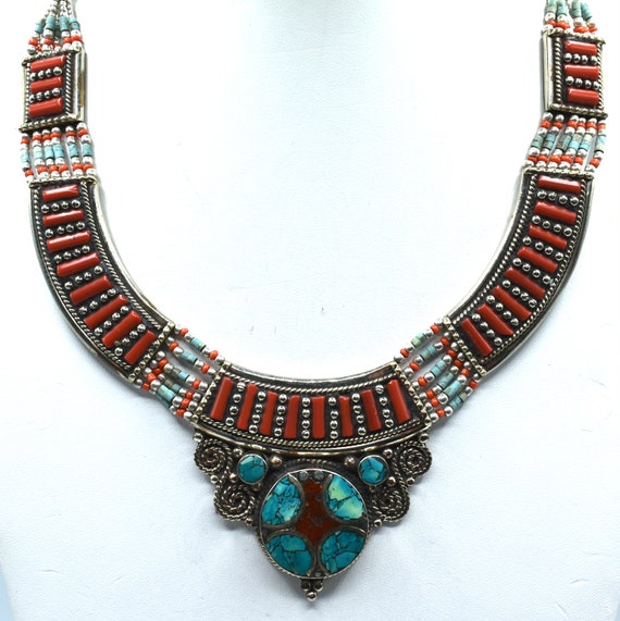 Rare Sterling Turquoise Red and Orange Coral Lapi… - image 6