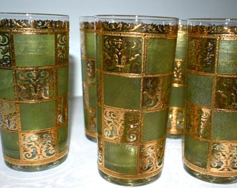 Culver Ltd. Prado Highball Tom Collins Tumblers 22K Gold w/ Green square accents culver glassware