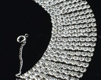 Rare Art deco Wide Rhinestone Bracelet with safety chain