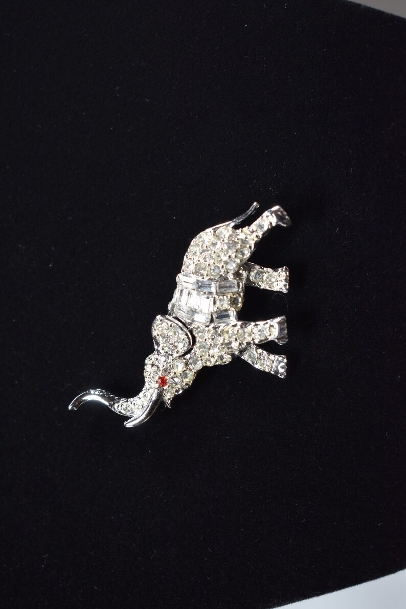 Little Elephant Antique Clear Pave Rhinestone Elephant Pin Brooch Red Rhinestone Eye