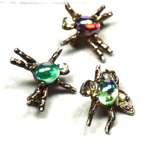 Vintage Iridescent Jelly belly spiders signed ART jelly belly fly pin carnival glass jelly bellys