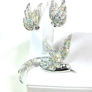 Sarah Coventry &quot;Bird of Paradise&quot; Demi Brooch and Earrings - 1960s Aurora Borealis Rhinestones
