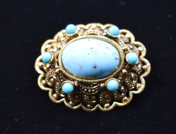 vtg Broche Pavage Strass 3 couleurs et perles + cabochon pâte de verre