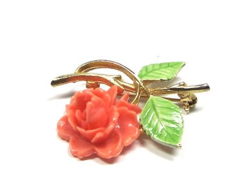 Coral resin Rose Flower Brooch - Pin Signed JJ - 1950s