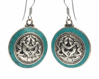 Sterling Turquoise Disk Dangle Earrings 1 1/2″ Long