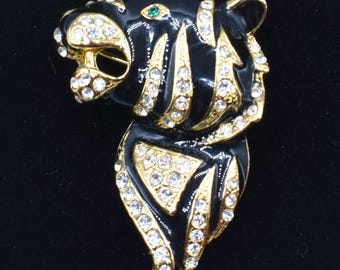 Vintage Tiger Brooch Black Enamel & Clear Rhinestones Gold Tone