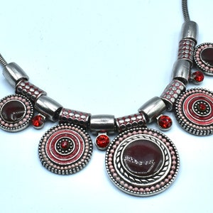 Tibetan Style Statement Necklace Red and Pink Enamel with Red Rhinestone Accent Necklace