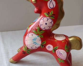 Vintage Mid Century Folk Art hand painted wooden USSR Russian Khokhloma Dala horse red gold