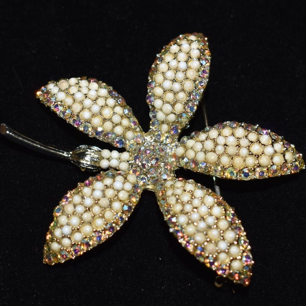 Rare Signed H. Pomerantz Co NY vintage costume jewelry 1880-1940 Seed Pearl and Ab Rhinestone Brooch