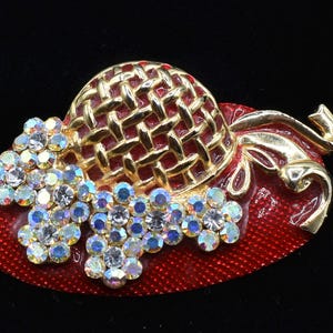 Large AB Rhinestone enamel Red Hat pendant brooch, whimsical Brooch, AB rhinestones figural brooch,  red hat brooch pendant