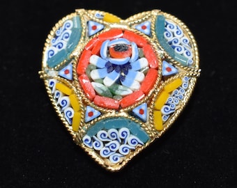 Antique Heart and flower Signed Italy Micro-Mosaic  Brooch C-Clasp Beautiful Floral Design Blue orange yellow flowers all glass