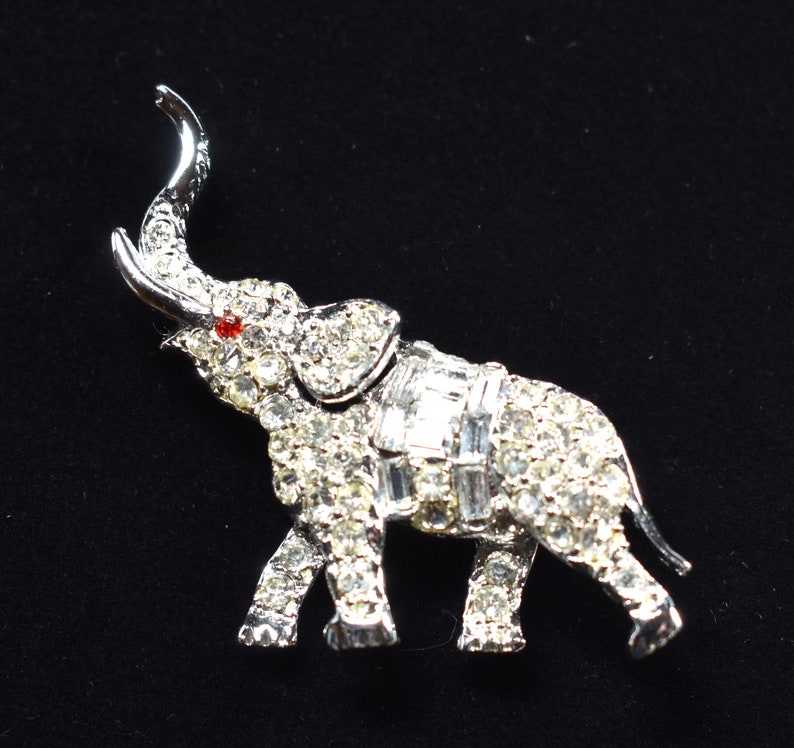Little Elephant Antique Clear Pave Rhinestone Elephant Pin Brooch Red Rhinestone Eye