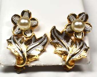 Vintage Damascene Flower Earrings, Faux Pearl Floral Clip-Ons, Ornate Black & Gold Tone Jewelry