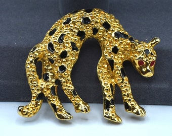 Jaguar Cat Brooch Gold and Black enamel