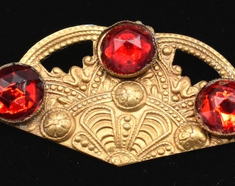 Art deco Red rhinestone dress clip red glass stones in pressed metal setting