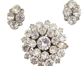 Weiss Rhinestone Brooch Earrings Set Vintage Clear Crystal Floral Mid Century Bridal Jewelry