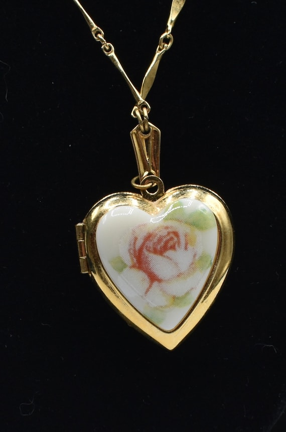 Heart Locket Pendant Necklace, Gold chain,Porcelai