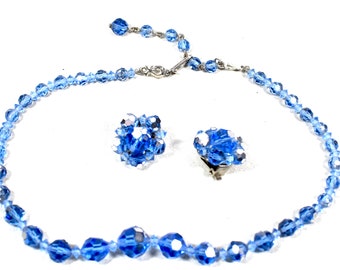 Antique Blue Crystal Choker Necklace and Clip-on Earrings Set