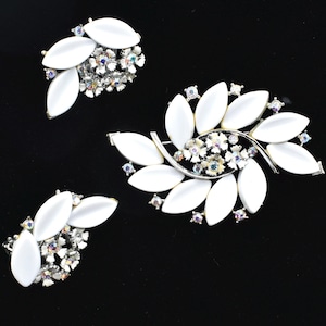 Lisner signed White thermoset brooch and earrings AB rhinestones and enamel flowers