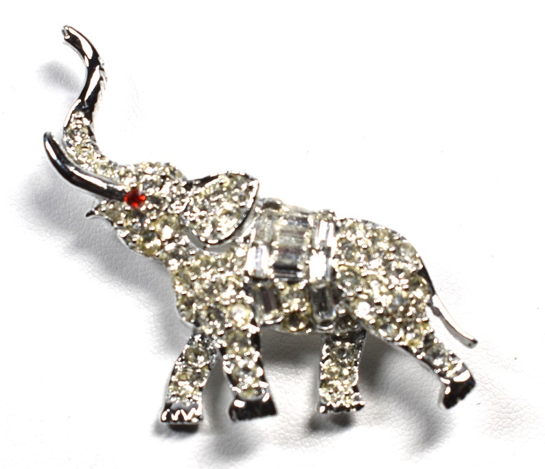 Little Elephant Antique Clear Pave Rhinestone Elephant Pin Brooch Red Rhinestone Eye