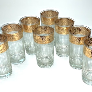 2 sets Culver Tyrol 22K Gold Rim Highball Glass Tall Ribbed Tumblers High ball glassware goblet wine glass beaker rummer glass CULVER LTD.