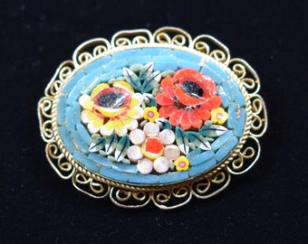 Antique Italy Micro-Mosaic Pin Brooch C-Clasp Beautiful Floral Design Blue with red and yellow flowers all glass