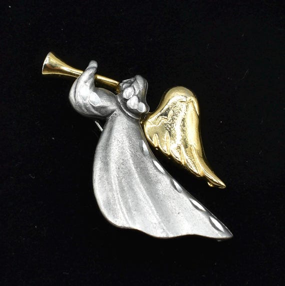 Vintage Gold and Pewter Angel with Trumpet pin View 3