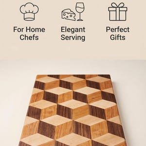May include: Wooden chopping board featuring a geometric cube design in shades of brown and tan. The text "ART MEETS UTILITY" is at the top, with icons and text below that read "For Home Chefs", "Elegant Serving", and "Perfect Gifts".