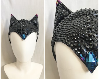 Diadema con pedrería de gato / Capucha de gato de piel sintética brillante negra adornada con pedrería de cristal / Capucha de pico de viuda Traje de gato felino juguetón