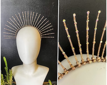 Hand Painted Gold Glitter & Gold Swarovski Crystal Embellished Crown / Glitter and Rhinestone Zip Tie Halo / Deco Celestial Halo