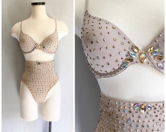 Beige Swarovski Champagne Rhinestone Crystal Costume Set / Bra, High Waist Shaper Thong Panties Covered in Swarovski Crystals