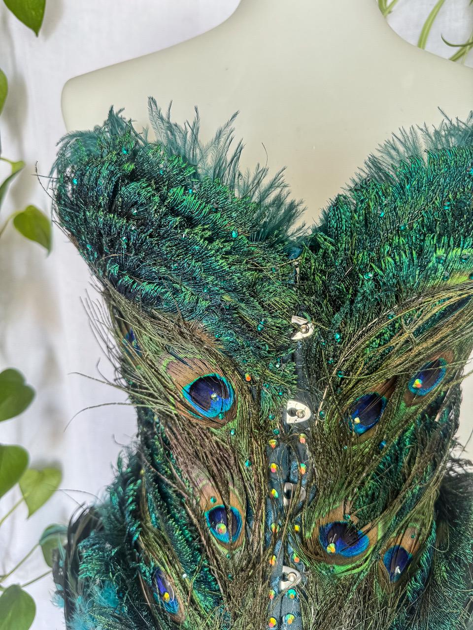 peacock feather corset dress Peacock Feather Corset, Emerald Green, Teal & Royal Blue, Embellished Corset / Overbust Corset / Feather Corset / Burlesque Showgirl Costume