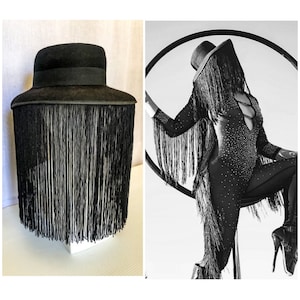 Womens Black Fringe Hat / Black Custom Fringe / Tassel Hat / Bolero Hat With Tassel Fringe Trim On Brim / Performance Art Hat