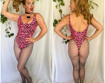 Thong Leotard / 80s Thong Bodysuit 4 Way Stretch Leopard Print w/ Gold Lurex on Bright Pink Spandex High Cut Thong Leotard / Bodysuit Thong