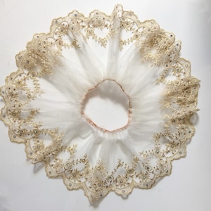 May include: A white tulle skirt with a gold lace trim and iridescent beads.